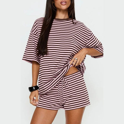 Attraco Women Striped Oversized Crew Neck Short Sleeve 2 Piece Pajama Loungewear Short Set
