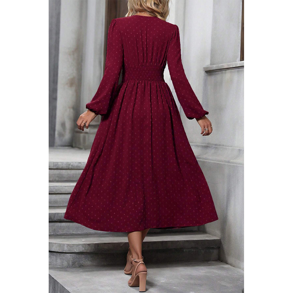 Attraco Women V Neck Bubble Dot Midi Dress Long Balloon Sleeve Ruched Waist Flowy Dress