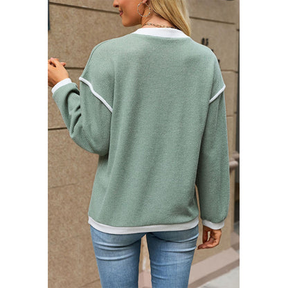 Attraco Women's Contrast Trim Henley Neck Long Sleeve Knit Top