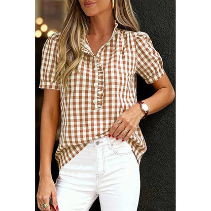 Attraco Womens Puff Short Sleeve Summer Tops Striped Plaid Ruffle V Neck Button Down Shirts Business Casual Work Blouses