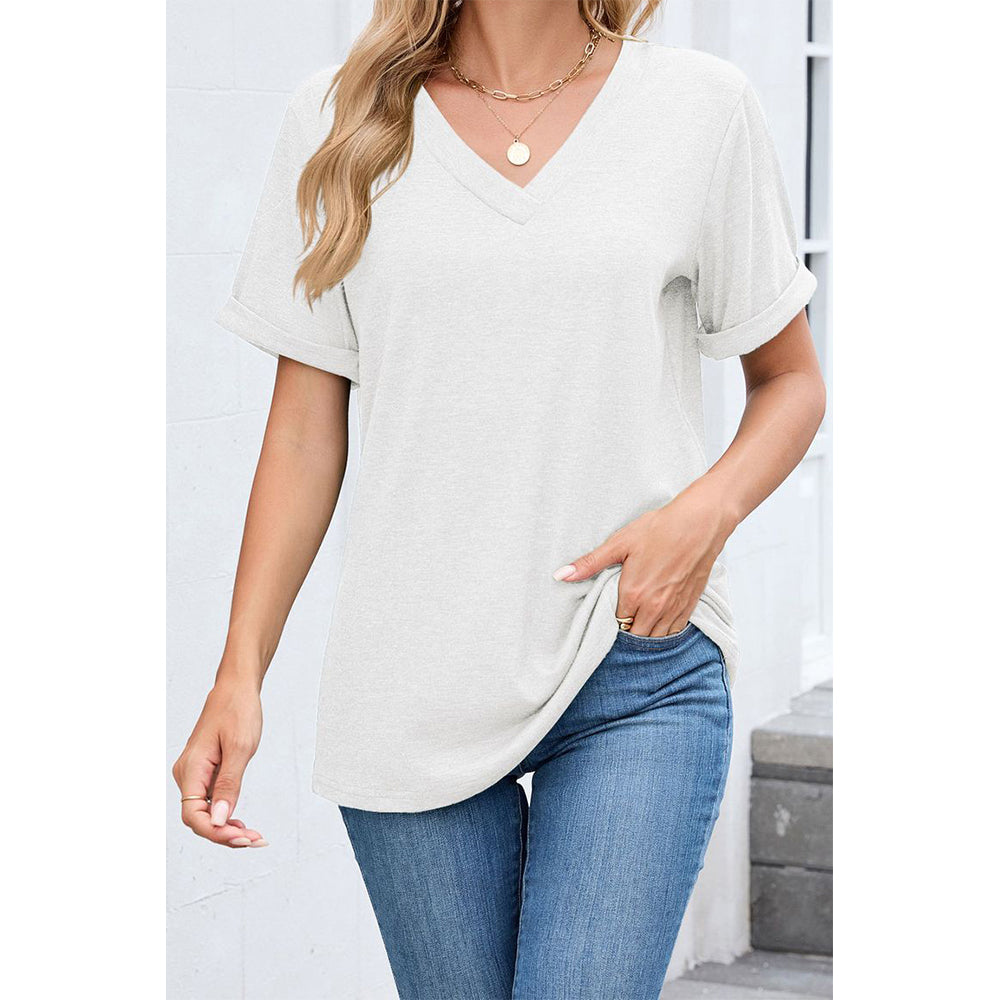 Attraco Women's V-Neck Rolled Cuff Short Sleeve Loose Fit Casual T-Shirt Summer Tops