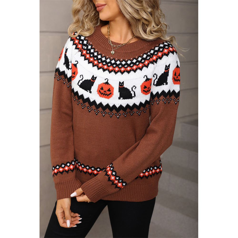 Attraco Women's Halloween Pumpkin & Black Cat Fair Isle Sweater Long Sleeve Crewneck Knit Pullover Fall Holiday Cozy Lightweight Sweater