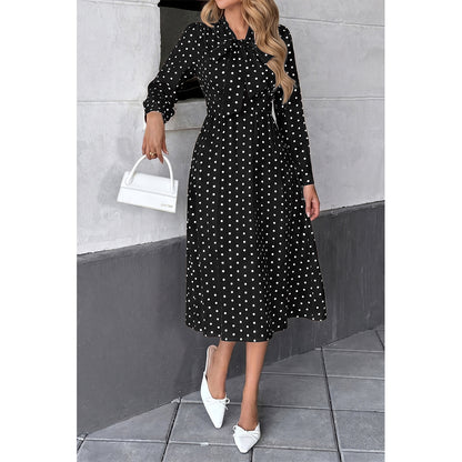 Attraco Women Bow Tie Neck Long Sleeve Polka Dot Midi Dress