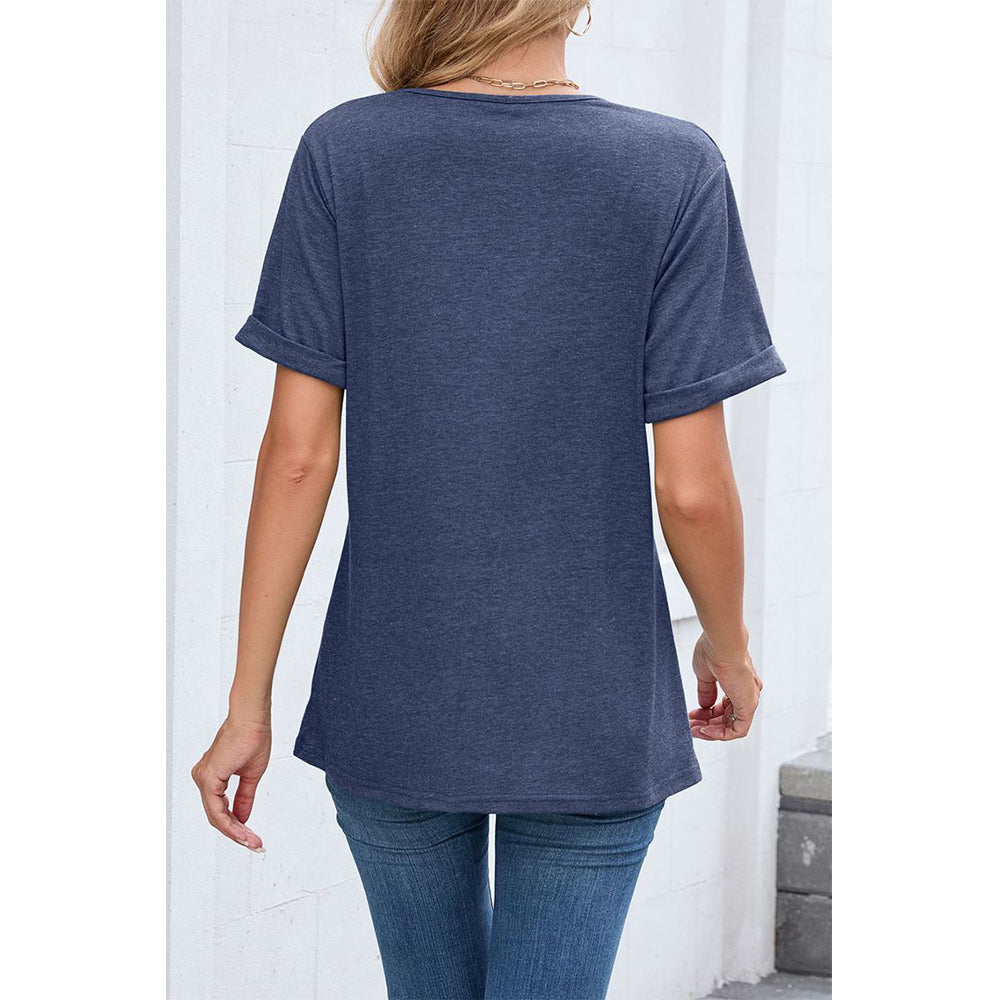 Attraco Women's V Neck Rolled Cuff Short Sleeve Loose Fit Casual T-Shirt Summer Tops