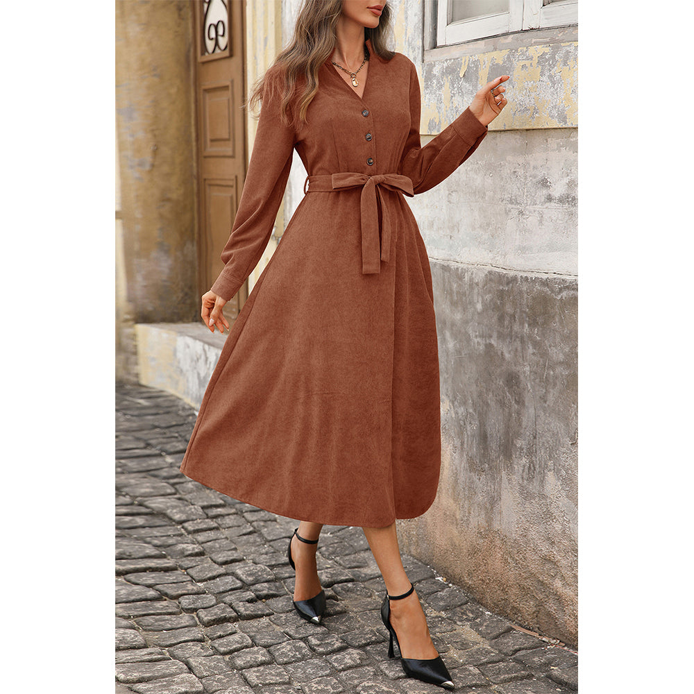 Attraco Women Notch V Neck Corduroy Midi Dress Long Sleeve Button Front Self Tie Waist A Line Dress