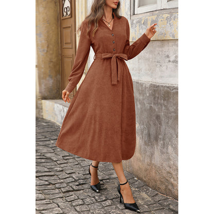 Attraco Women Notch V Neck Corduroy Midi Dress Long Sleeve Button Front Self Tie Waist A Line Dress