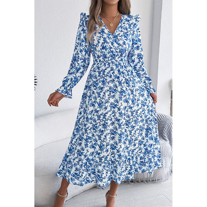 Attraco Women Surplice V Neck Smocked Long Sleeve Tiered Midi Ditsy Floral Dress