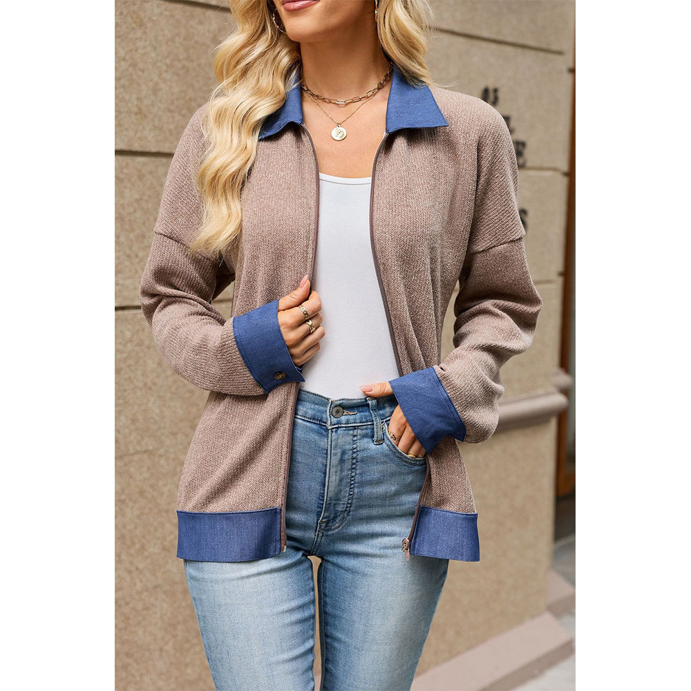 Attraco Women's Contrast Trim Zip-Up Sweatshirt Jacket, Long Sleeve Collared Relaxed Fit