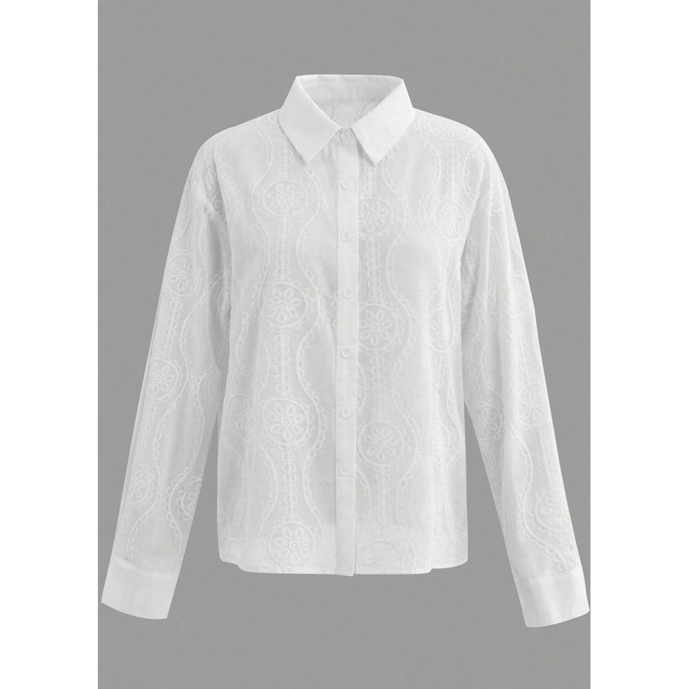 Attraco Women's Floral Embroidered Long Sleeve Button Down Blouse Collared Shirt