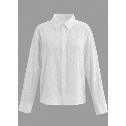 Attraco Women's Floral Embroidered Long Sleeve Button Down Blouse Collared Shirt