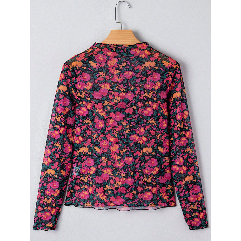 Attraco Women's Floral Mesh Long Sleeve Mock Neck Fitted Top with Stretch Fabric
