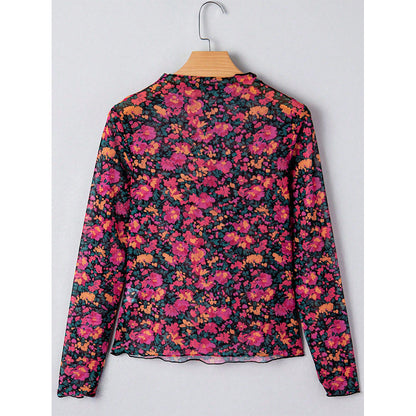 Attraco Women's Floral Mesh Long Sleeve Mock Neck Fitted Top with Stretch Fabric