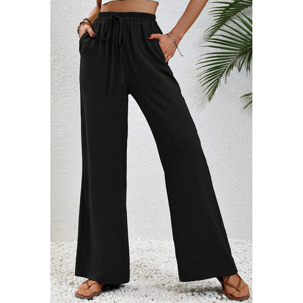 Attraco Women Elastic Drawstring High Waist Wide Leg Pants with Side Pockets
