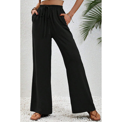 Attraco Women Elastic Drawstring High Waist Wide Leg Pants with Side Pockets