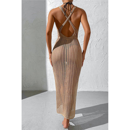 Charmo Women's Crochet Sleeveless Backless Maxi Cover Up Dress with Waist Drawstring & Side Slit