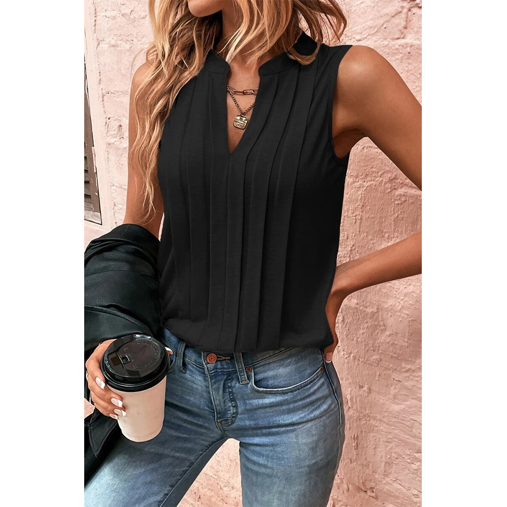 Attraco Women's Sleeveless Split V-Neck Pleated Casual Tank Top Summer Shirts