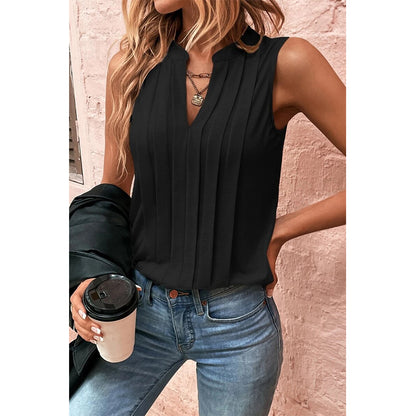 Attraco Women's Sleeveless Split V-Neck Pleated Casual Tank Top Summer Shirts
