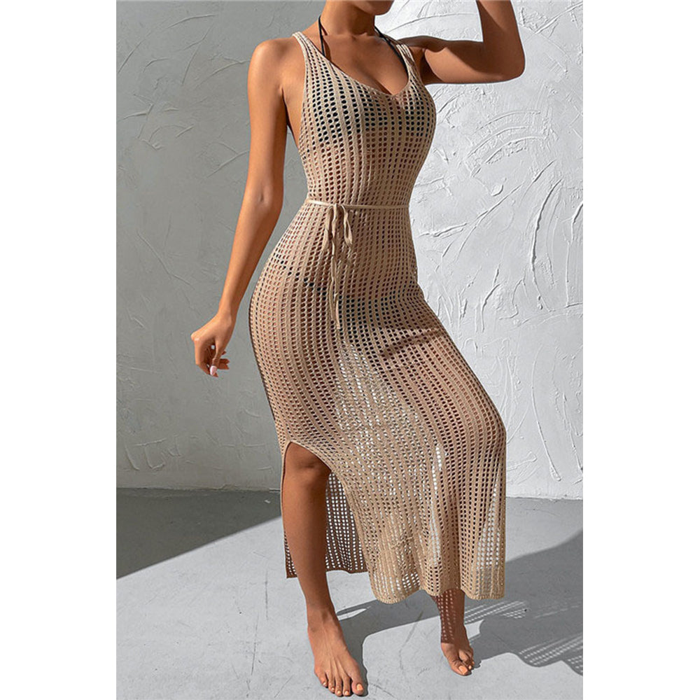 Charmo Women's Crochet Sleeveless Backless Maxi Cover Up Dress with Waist Drawstring & Side Slit