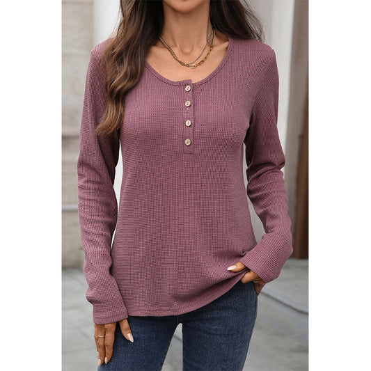 Attraco Women's Textured Knit Long Sleeve Henley Top Casual Button Front Shirt Soft Stretch Pullover