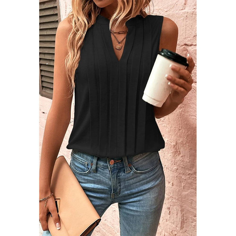 Attraco Women's Sleeveless Split V-Neck Pleated Casual Tank Top Summer Shirts
