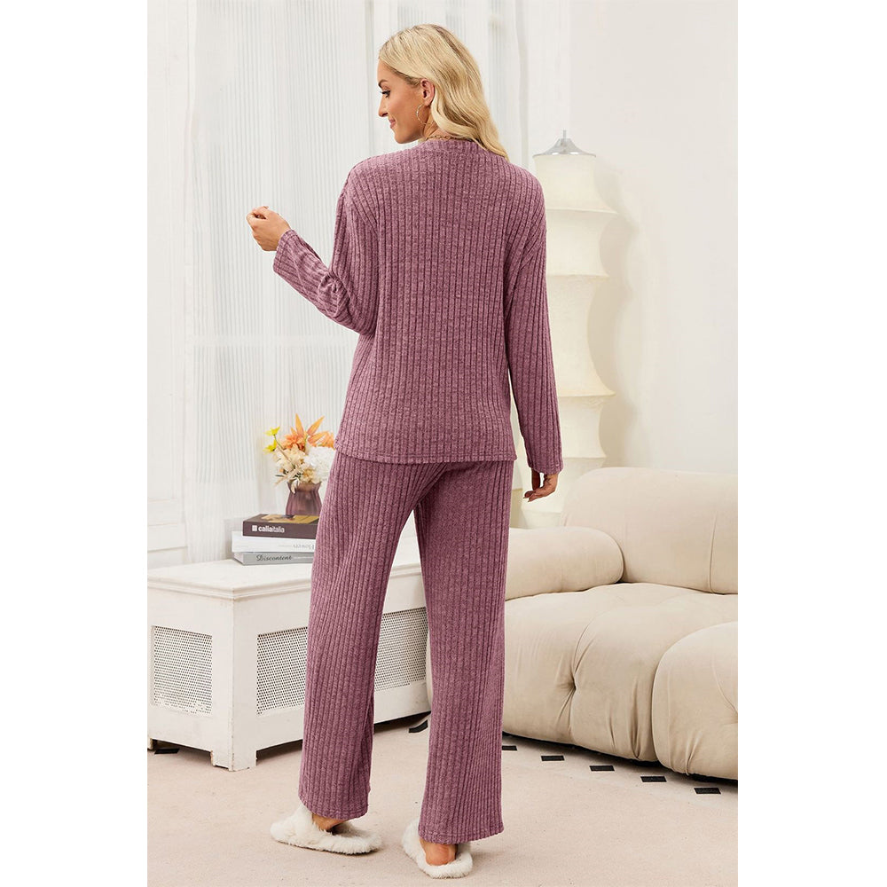 Attraco Women's Ribbed Pajama Set 2 Piece Lounge Set Long Sleeve Henley Top Wide Leg Pants Soft Knit Sleepwear