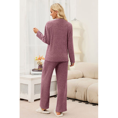 Attraco Women's Ribbed Pajama Set 2 Piece Lounge Set Long Sleeve Henley Top Wide Leg Pants Soft Knit Sleepwear