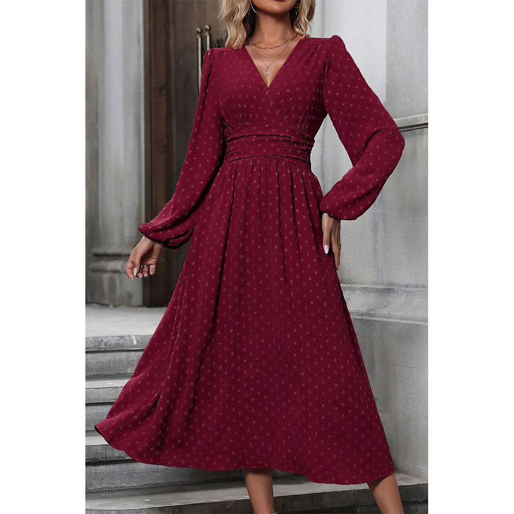 Attraco Women V Neck Bubble Dot Midi Dress Long Balloon Sleeve Ruched Waist Flowy Dress