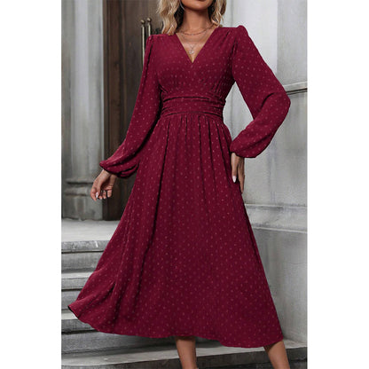 Attraco Women V Neck Bubble Dot Midi Dress Long Balloon Sleeve Ruched Waist Flowy Dress