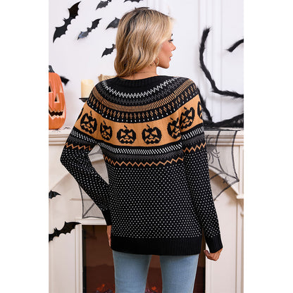 Attraco Women's Halloween Pumpkin Sweater Long Sleeve Crewneck Fair Isle Knit Pullover Fall Cozy Holiday Jumper