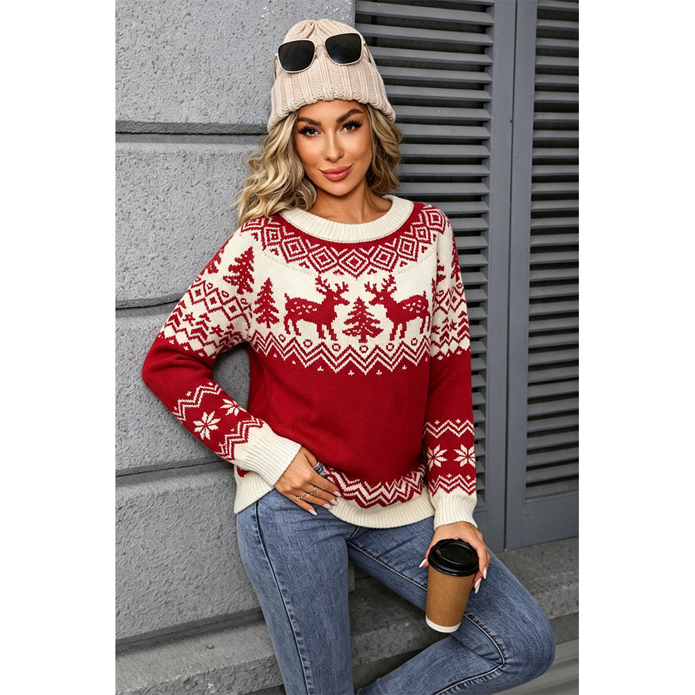 Attraco Women's Christmas Sweater Long Sleeve Crewneck Reindeer Snowflake Knit Pullover Holiday Winter Cozy Ugly Christmas Sweater
