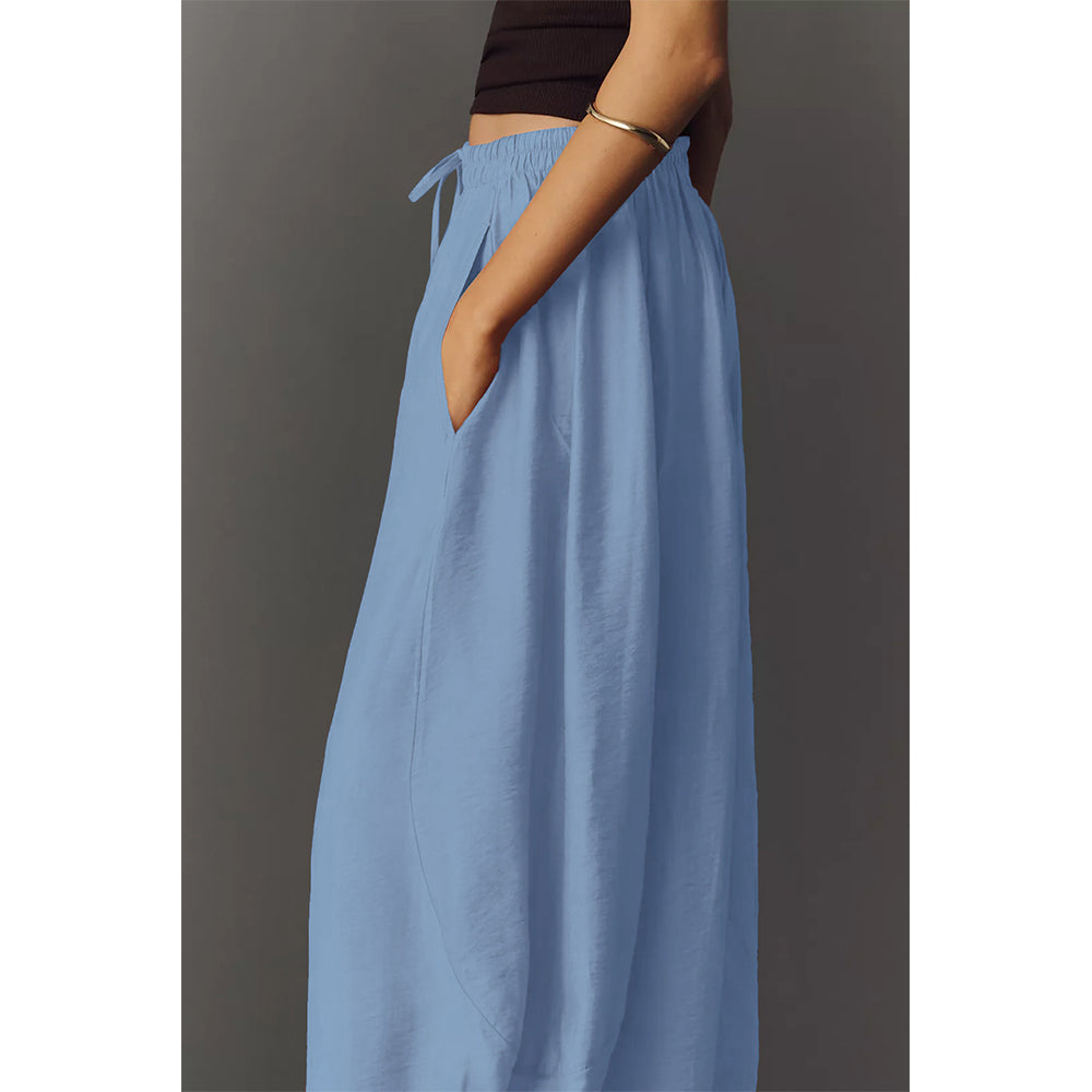 Attraco Women Elastic Drawstring High Waist Wide Leg Cropped Pants with Side Pockets and Lace Hem