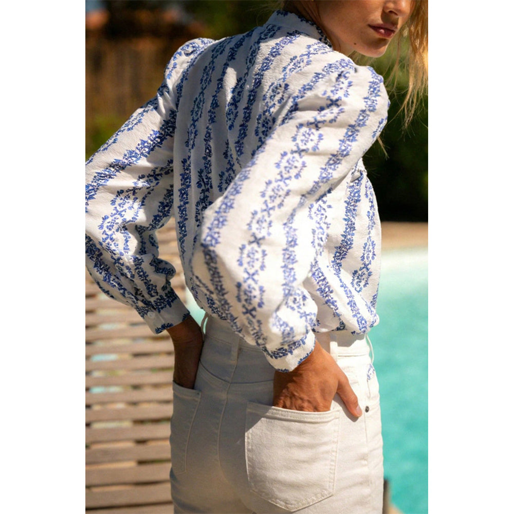 Attraco Women's Floral Embroidered Long Sleeve Button Down Blouse Mandarin Collar Shirt