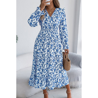 Attraco Women Surplice V Neck Smocked Long Sleeve Tiered Midi Ditsy Floral Dress