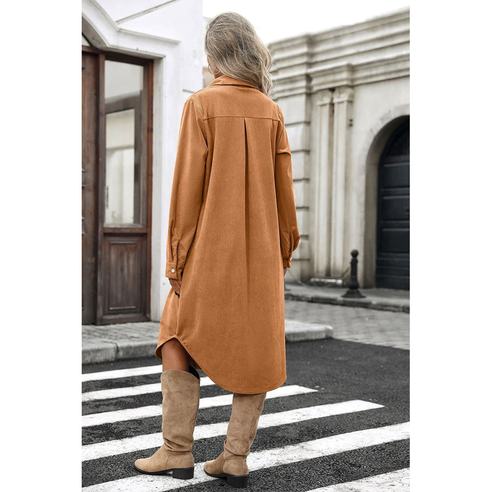 Attraco Women's Corduroy Shirt Dress, Solid Long Sleeve Button-Down Long Dress with Collar