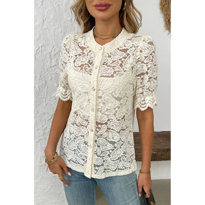 Attraco Women's Floral Lace Button Down Blouse Scalloped Short Sleeves Shirts