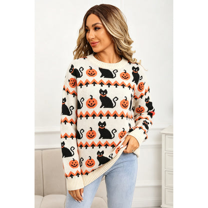 Attraco Women's Halloween Pumpkin & Black Cat Jacquard Sweater Cozy Crewneck Long Sleeve Knit Pullover Fall Winter Casual Holiday Top