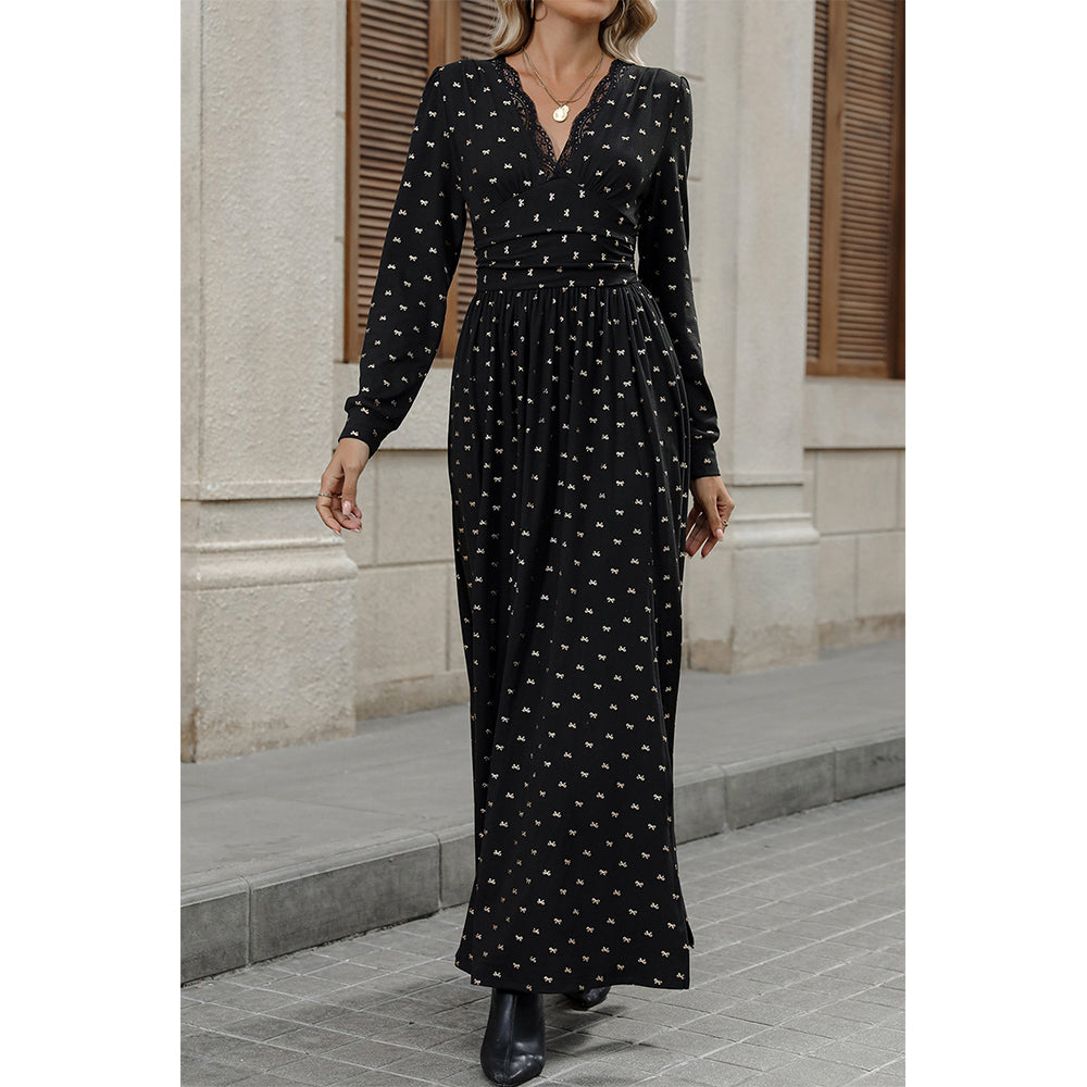 Attraco Women Lace Trim V Neck Allover Bow Print Long Sleeve Side Slit Maxi Dress