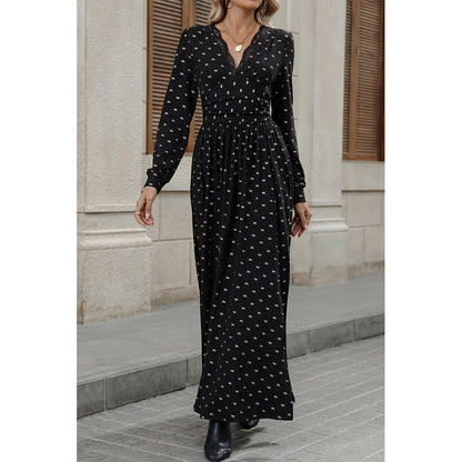 Attraco Women Lace Trim V Neck Allover Bow Print Long Sleeve Side Slit Maxi Dress