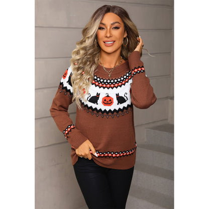 Attraco Women's Halloween Pumpkin & Black Cat Fair Isle Sweater Long Sleeve Crewneck Knit Pullover Fall Holiday Cozy Lightweight Sweater