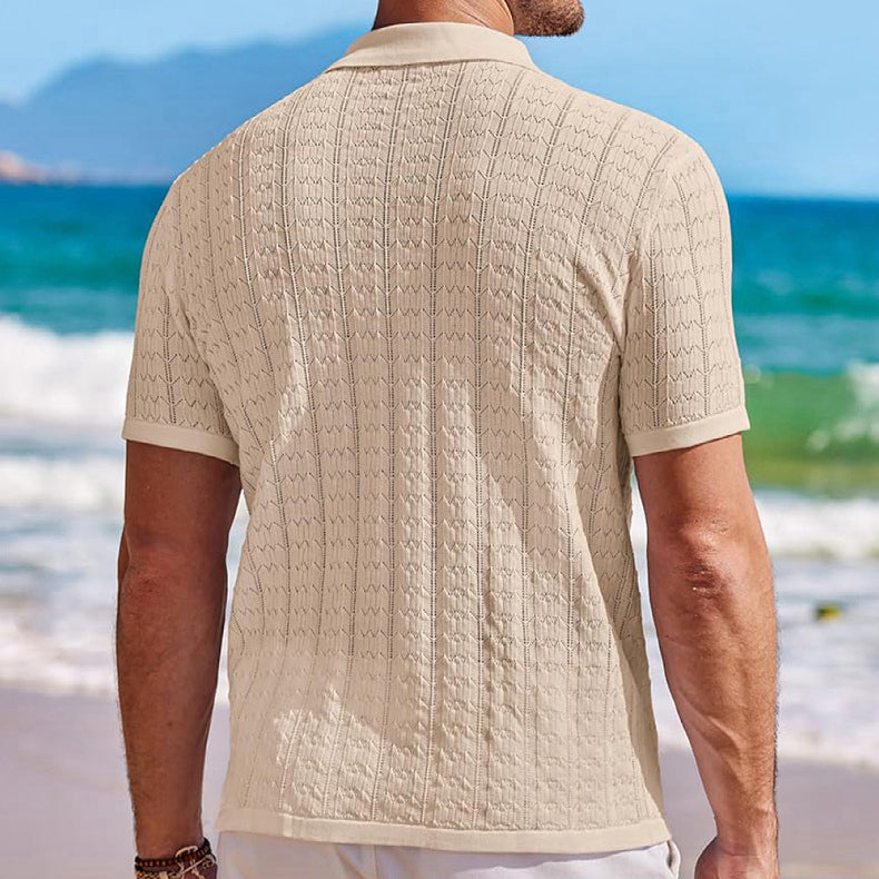 Attraco Men's Short Sleeve Textured Knit Camp Collar Button Front Shirt Summer Tops