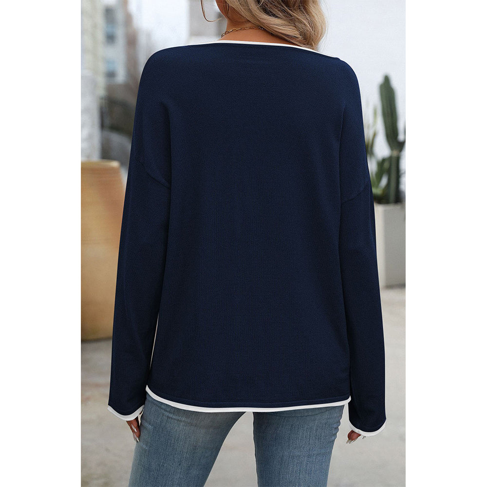 V For City Women's Contrast Trim Long Sleeve Crewneck Sweater Pollover Tops