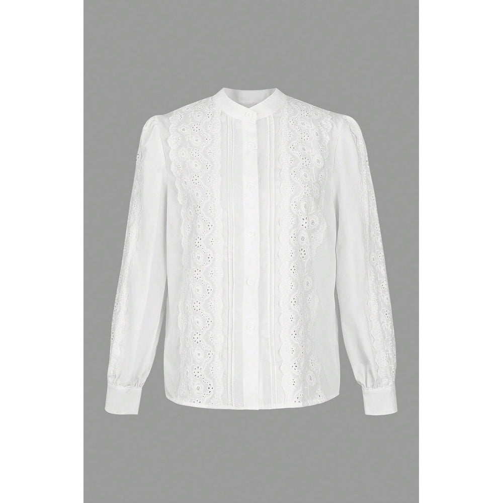 Attraco Women's Embroidered Long Sleeve Button Down Blouse Stand Collar Casual Shirt
