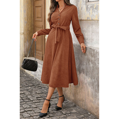 Attraco Women Notch V Neck Corduroy Midi Dress Long Sleeve Button Front Self Tie Waist A Line Dress