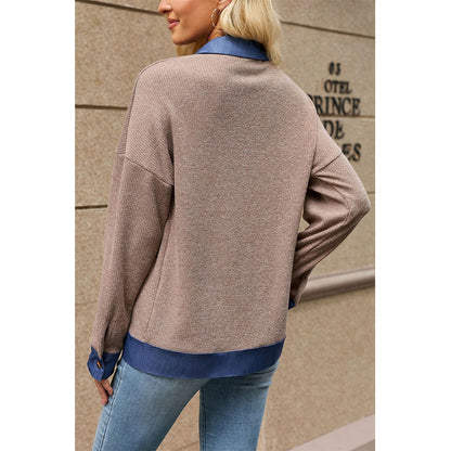 Attraco Women's Contrast Trim Zip-Up Sweatshirt Jacket, Long Sleeve Collared Relaxed Fit