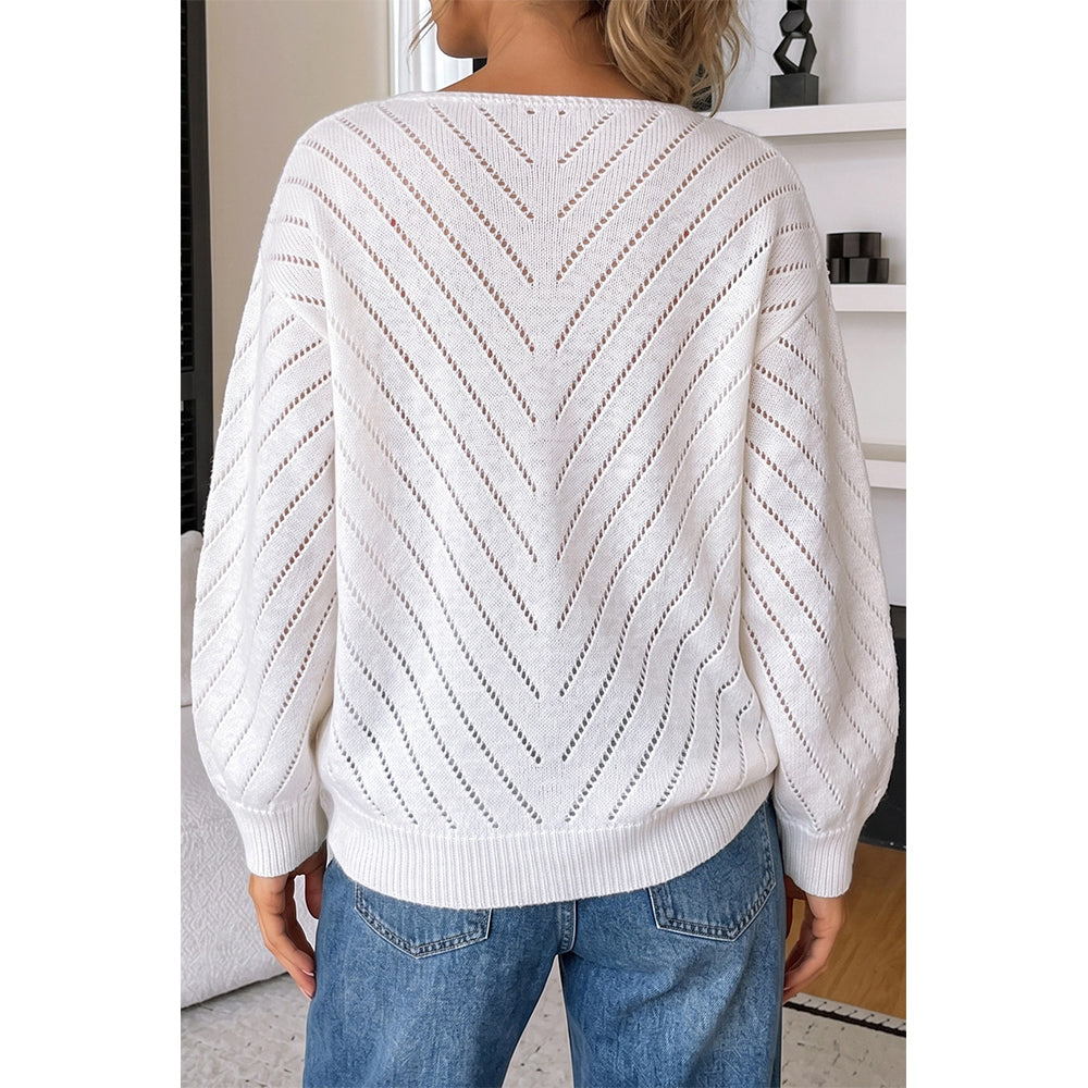 Attraco Women's Open Knit V Neck Sweater Long Sleeve Lightweight Hollow Out Pullover Top