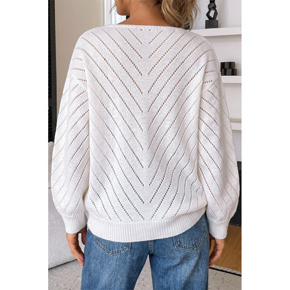 Attraco Women's Open Knit V Neck Sweater Long Sleeve Lightweight Hollow Out Pullover Top