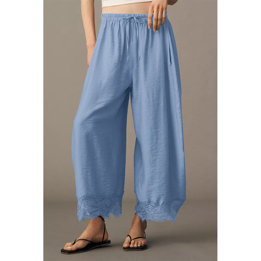 Attraco Women Elastic Drawstring High Waist Wide Leg Cropped Pants with Side Pockets and Lace Hem