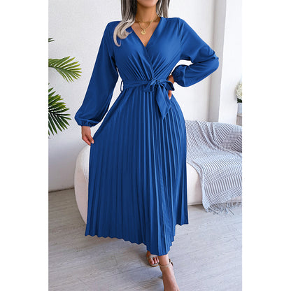Attraco Women's Wrap V-Neck Pleated Midi Dress Long Balloon Sleeve Belted A-Line Cocktail Wedding Guest Dress