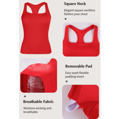 Attraco Women's Ribbed Athletic Tank Top with Built-In Bra Square Neck Sleeveless Tennis Top