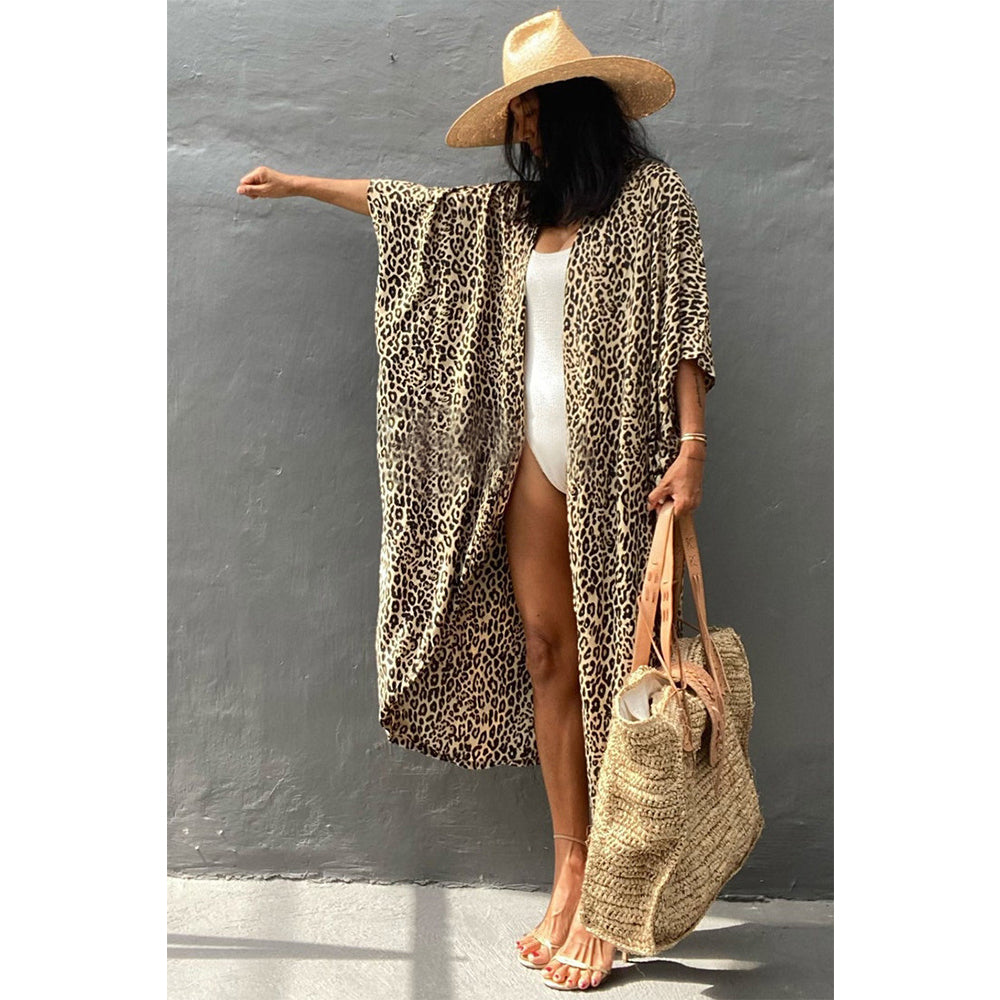 Charmo Women's Leopard Print Kimono Style Open Front Tie Waist Cover Up Swimming Maxi Dress